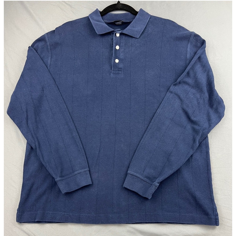 Lands End Polo Shirt Mens Large L Navy Blue Long Sleeve Cotton Textured Good